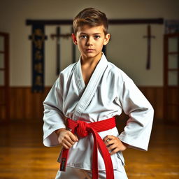 A handsome 14-year-old boy dressed in a traditional martial arts uniform, featuring a crisp, fitted gi with a colorful belt indicating his rank