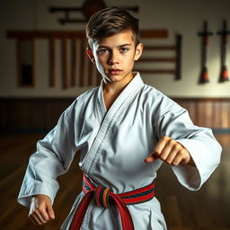 A handsome 14-year-old boy dressed in a traditional martial arts uniform, featuring a crisp, fitted gi with a colorful belt indicating his rank
