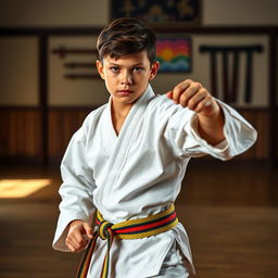 A handsome 14-year-old boy dressed in a traditional martial arts uniform, featuring a crisp, fitted gi with a colorful belt indicating his rank