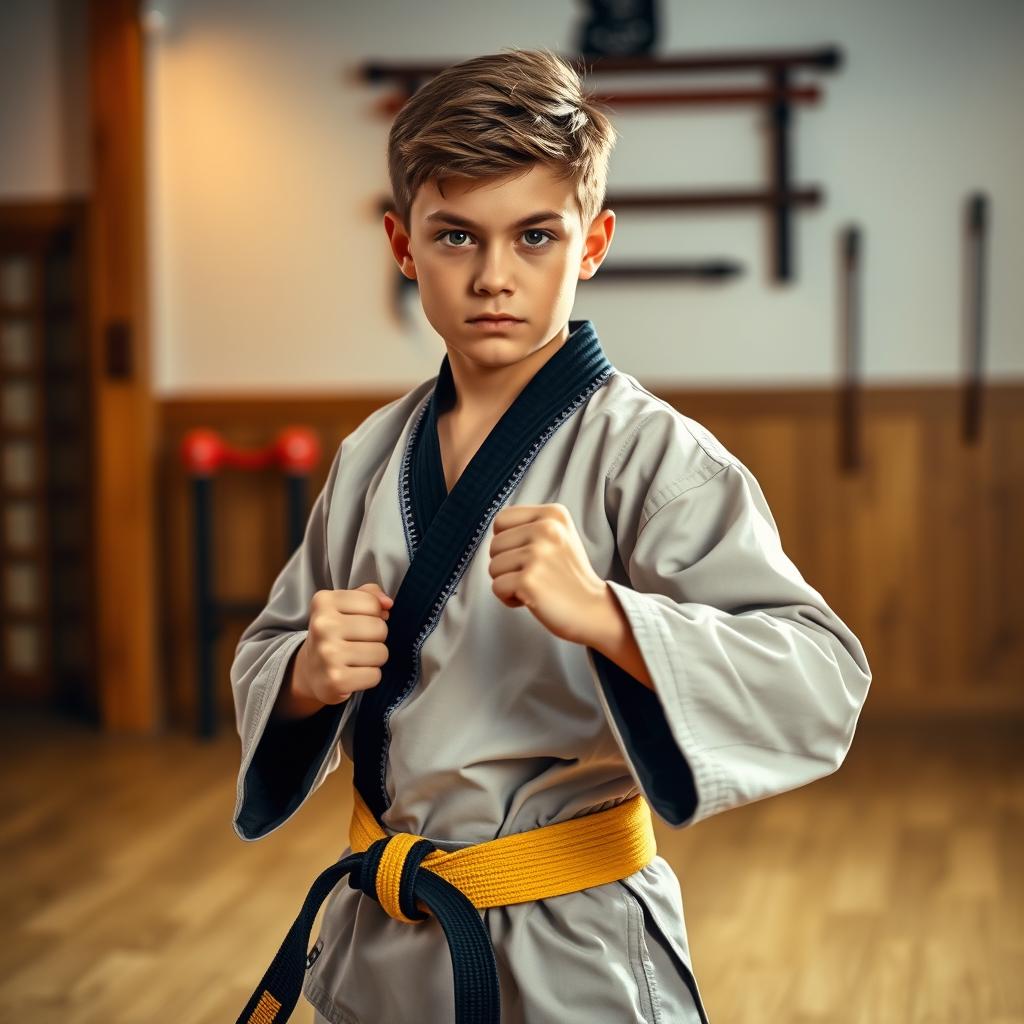 A handsome 14-year-old boy dressed in a traditional martial arts uniform, featuring a crisp, fitted gi with a colorful belt indicating his rank