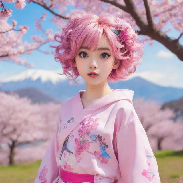 Anime style character: a young girl with large, expressive eyes, styled hair in vibrant color, kawaii outfit, posing cutely against a scenic, fantastical backdrop, with cherry blossoms fluttering around.