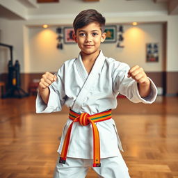 A handsome 14-year-old boy dressed in a traditional martial arts uniform, featuring a well-fitted gi with a colorful belt that signifies his rank