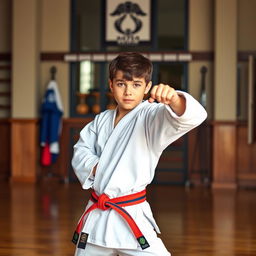 A handsome 14-year-old boy dressed in a traditional martial arts uniform, featuring a well-fitted gi with a colorful belt that signifies his rank