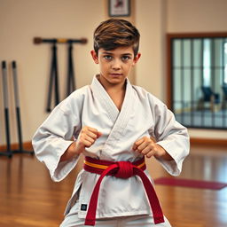 A handsome 14-year-old boy dressed in a traditional martial arts uniform, featuring a well-fitted gi with a colorful belt that signifies his rank