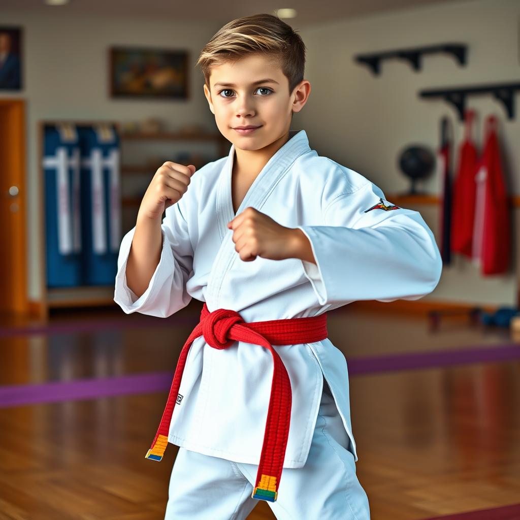 A handsome 14-year-old boy dressed in a traditional martial arts uniform, featuring a well-fitted gi with a colorful belt that signifies his rank