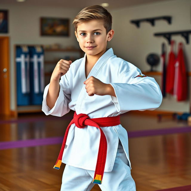 A handsome 14-year-old boy dressed in a traditional martial arts uniform, featuring a well-fitted gi with a colorful belt that signifies his rank