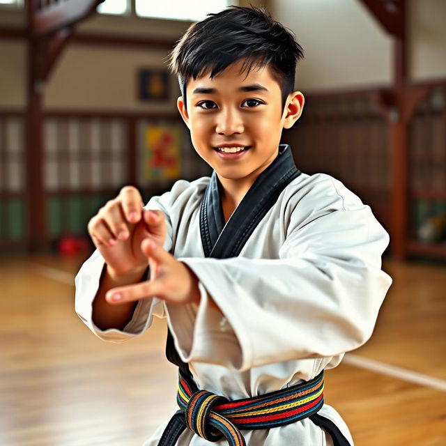 A handsome 14-year-old boy of mixed Chinese descent, dressed in a traditional martial arts uniform