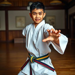 A handsome 14-year-old boy of mixed Chinese descent, dressed in a traditional martial arts uniform