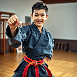 A handsome 14-year-old boy of mixed Chinese descent, dressed in a traditional martial arts uniform