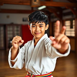 A handsome 14-year-old boy of mixed Chinese descent, dressed in a traditional martial arts uniform