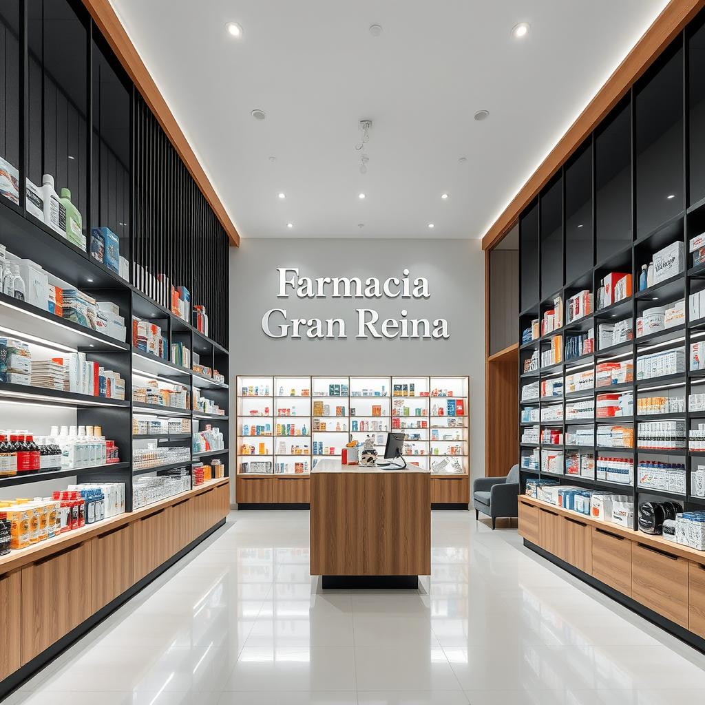 A large, modern pharmacy interior designed with stylish touches of wood, black, and white