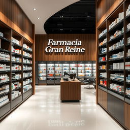 A large, modern pharmacy interior designed with stylish touches of wood, black, and white