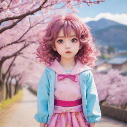 Anime style character: a young girl with large, expressive eyes, styled hair in vibrant color, kawaii outfit, posing cutely against a scenic, fantastical backdrop, with cherry blossoms fluttering around.