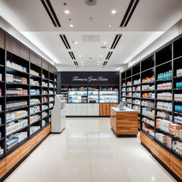 A large, modern pharmacy interior designed with stylish touches of wood, black, and white