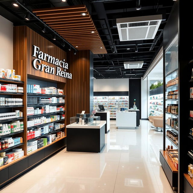 A large, modern pharmacy interior designed with stylish touches of wood, black, and white