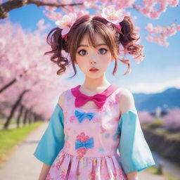 Anime style character: a young girl with large, expressive eyes, styled hair in vibrant color, kawaii outfit, posing cutely against a scenic, fantastical backdrop, with cherry blossoms fluttering around.