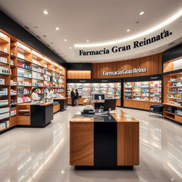 A large, modern pharmacy interior designed with stylish touches of wood, black, and white