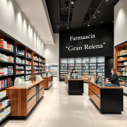 A large, modern pharmacy interior designed with stylish touches of wood, black, and white