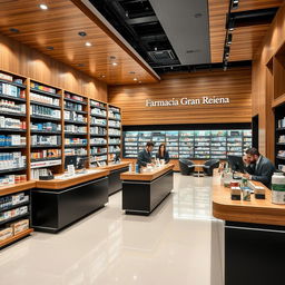 A large, modern pharmacy interior designed with stylish touches of wood, black, and white