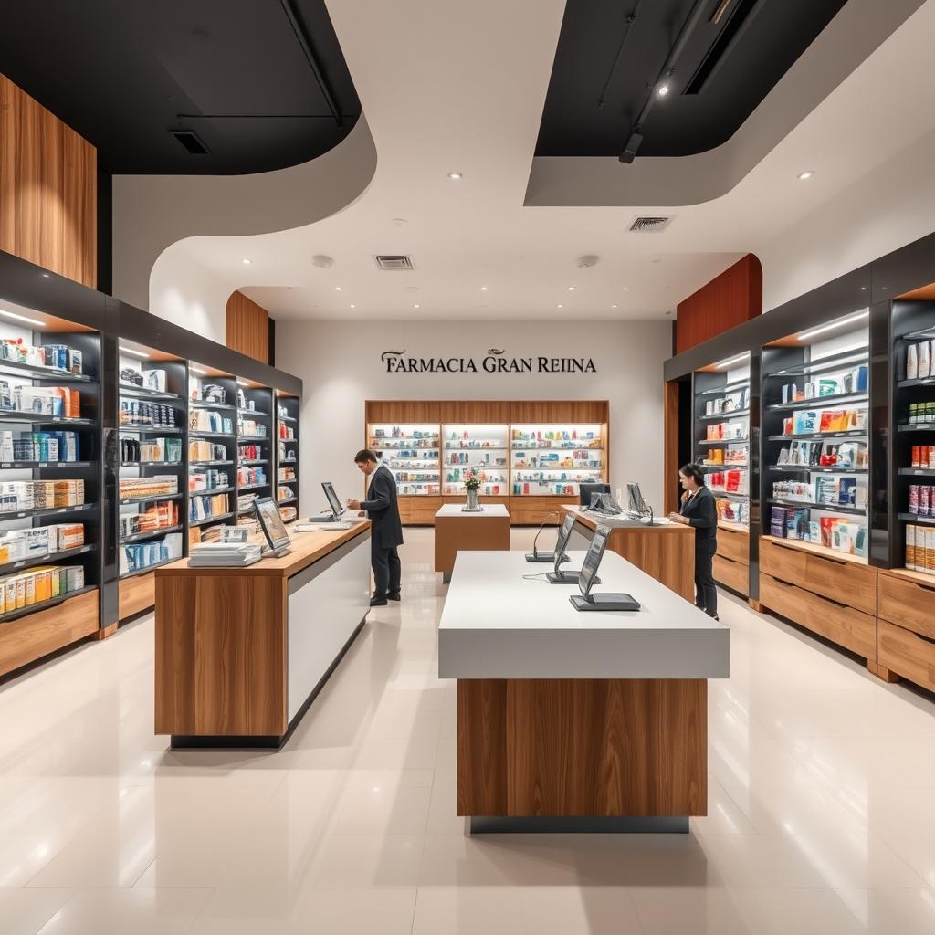 A large, modern pharmacy interior designed with stylish touches of wood, black, and white