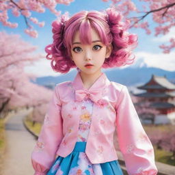 Anime style character: a young girl with large, expressive eyes, styled hair in vibrant color, kawaii outfit, posing cutely against a scenic, fantastical backdrop, with cherry blossoms fluttering around.