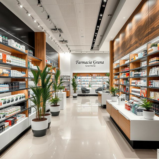 A large, modern pharmacy interior designed with stylish touches of wood, black, and white