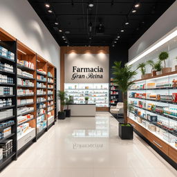 A large, modern pharmacy interior designed with stylish touches of wood, black, and white