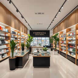 A large, modern pharmacy interior designed with stylish touches of wood, black, and white