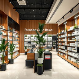 A large, modern pharmacy interior designed with stylish touches of wood, black, and white