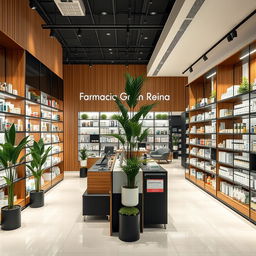 A large, modern pharmacy interior designed with stylish touches of wood, black, and white