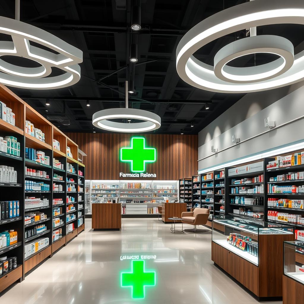 A large, modern pharmacy interior designed with stylish touches of wood, black, and white