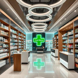 A large, modern pharmacy interior designed with stylish touches of wood, black, and white