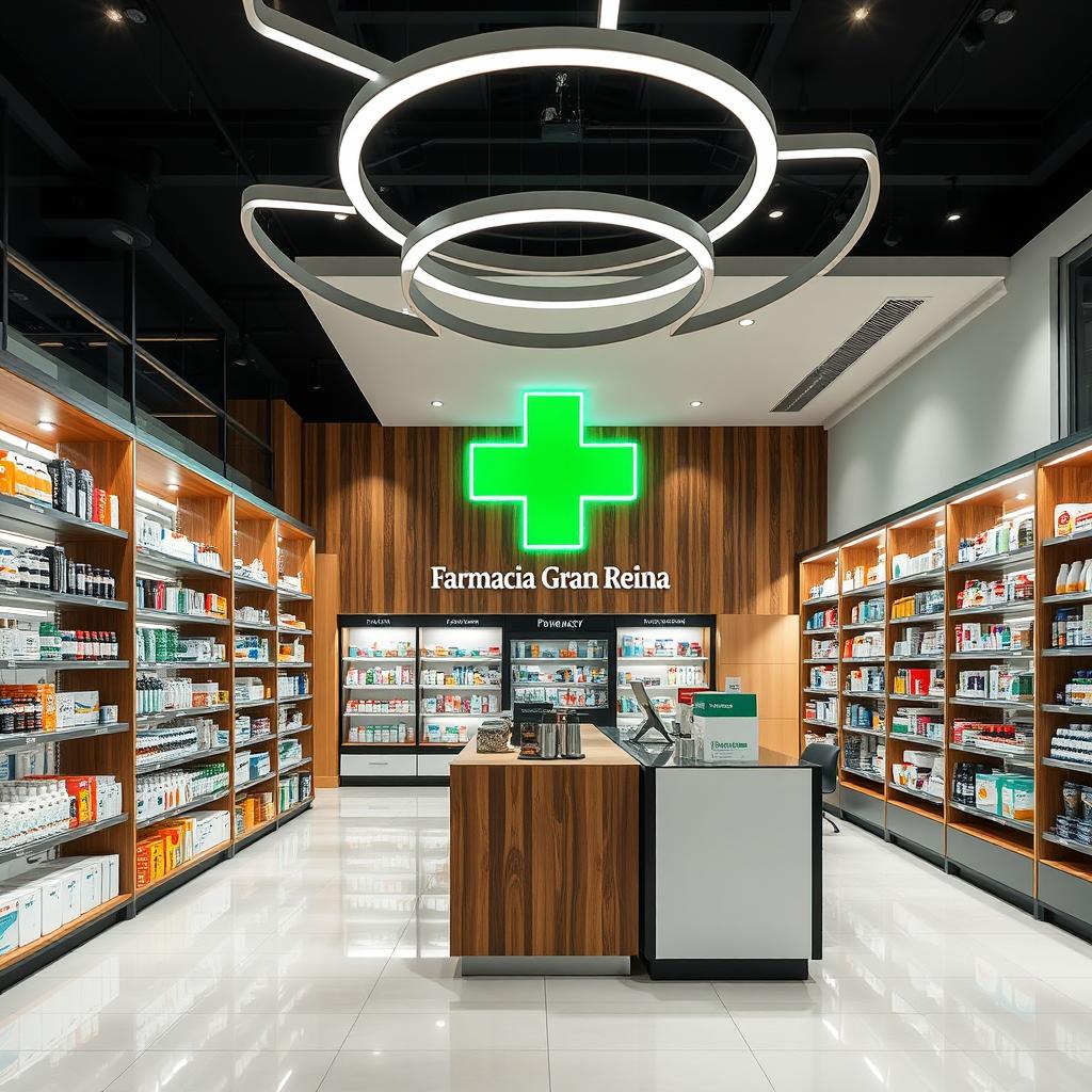 A large, modern pharmacy interior designed with stylish touches of wood, black, and white