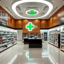 A large, modern pharmacy interior designed with stylish touches of wood, black, and white