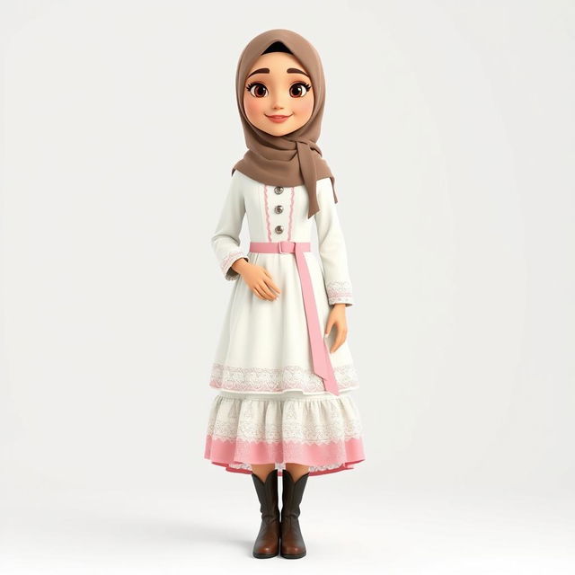 A cartoon 3D character of a 30-year-old woman standing in front of a white background