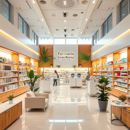 A large, bright, and welcoming pharmacy interior designed with stylish touches of natural wood, soft white tones, and vibrant colors