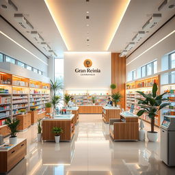 A large, bright, and welcoming pharmacy interior designed with stylish touches of natural wood, soft white tones, and vibrant colors