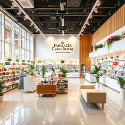 A large, bright, and welcoming pharmacy interior designed with stylish touches of natural wood, soft white tones, and vibrant colors