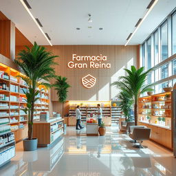 A large, bright, and welcoming pharmacy interior designed with stylish touches of natural wood, soft white tones, and vibrant colors