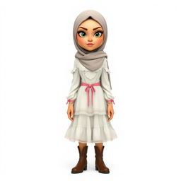 A cartoon 3D character of a 30-year-old woman standing in front of a white background