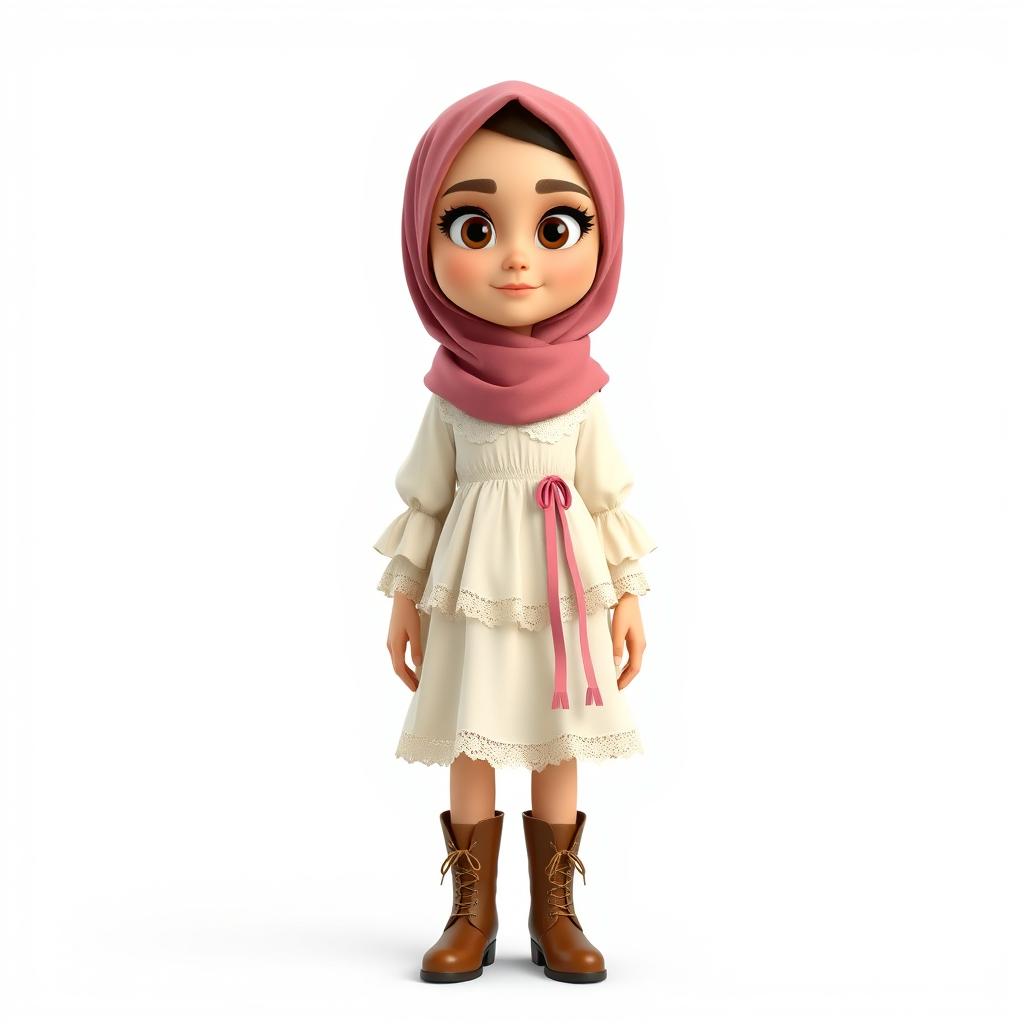 A cartoon 3D character of a 30-year-old woman standing in front of a white background