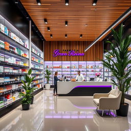 A large, modern pharmacy interior featuring stylish touches of wood, black, and white, enhanced with vibrant purple accents