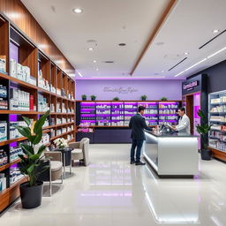 A large, modern pharmacy interior featuring stylish touches of wood, black, and white, enhanced with vibrant purple accents