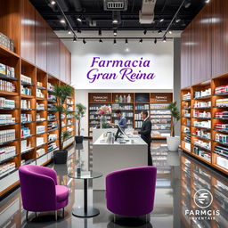 A large, modern pharmacy interior featuring stylish touches of wood, black, and white, enhanced with vibrant purple accents