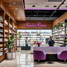 A large, modern pharmacy interior featuring stylish touches of wood, black, and white, enhanced with vibrant purple accents