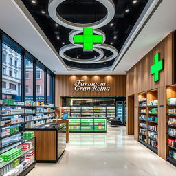 A large, modern pharmacy interior located on Gran Vía in Madrid, integrated seamlessly into the bustling urban environment