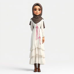 A cartoon 3D character of a 30-year-old woman standing in front of a white background