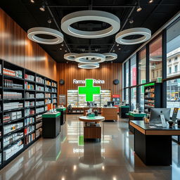 A large, modern pharmacy interior located on Gran Vía in Madrid, integrated seamlessly into the bustling urban environment