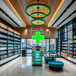 A large, modern pharmacy interior located on Gran Vía in Madrid, integrated seamlessly into the bustling urban environment