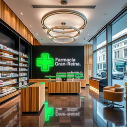 A large, modern pharmacy interior located on Gran Vía in Madrid, integrated seamlessly into the bustling urban environment